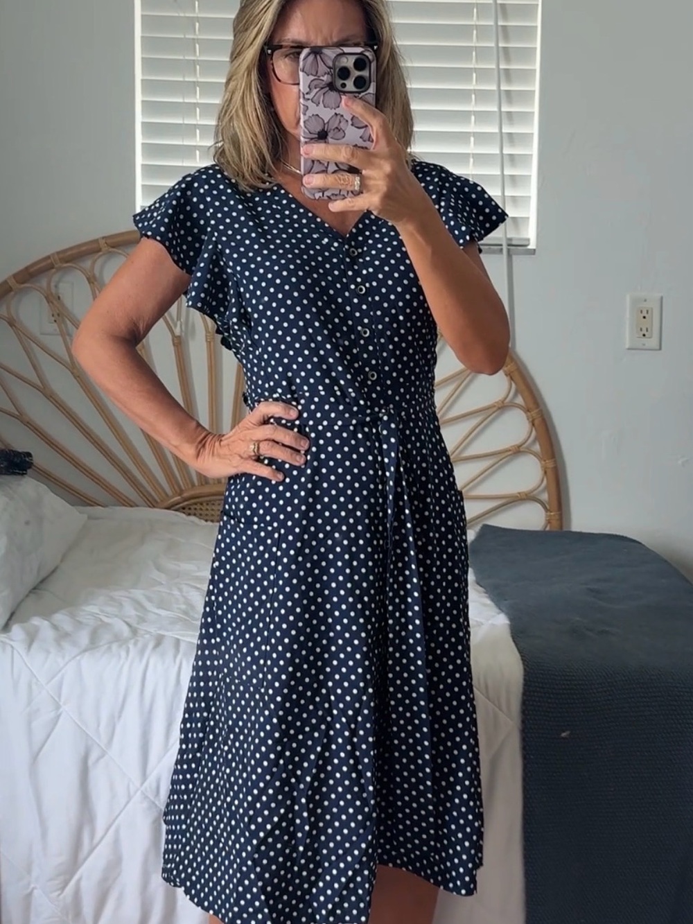 Navy Polka Dot Button Front Midi Dress with belt